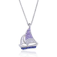 Sterling Zilveren halskettingen, 925 sterling zilver, met 2.1inch extender keten, Sail Boat, silver plated, ovale keten & voor vrouw & met strass, 14.4x18.9mm, Per verkocht Ca 16.3 inch Strand