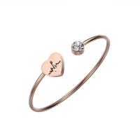 acier inoxydable bracelet manchette, coeur, Placage, pour femme & avec strass, 8mm, 15mm, Diamètre intérieur:Environ 60mm, Vendu par PC