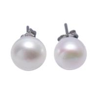 Freshwater Pearl Stud Earring, med ytterkartong, mässing örhänge inlägg, Potatis, platinerade, för kvinna, vit, 8-9mm, Säljs av Par