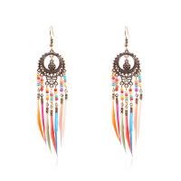 Zinc Alloy Tassel Earring, med Seedbead & Feather, Feather, antik guld farve forgyldt, for kvinde, nikkel, bly & cadmium fri, 22x100mm, Solgt af par