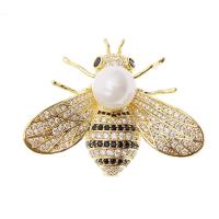 metal broche, con Perlas de plástico ABS, Abeja, chapado en oro real, micro arcilla de zirconia cúbica & para mujer, más colores para la opción, libre de níquel, plomo & cadmio, 32x40mm, Vendido por UD