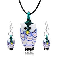 Lampwork Smykke sæt, ørering & halskæde, med lædersnor, Owl, for kvinde, blå, 45,4.8,2.5cm, Solgt af sæt