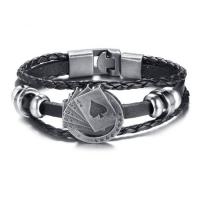 Bracelets cordon PU, cuir PU, avec aluminium, Poker, Plaqué de couleur d'argent, pour homme & 3 brins, protéger l'environnement, sans nickel, plomb et cadmium, Vendu par Environ 8 pouce brin