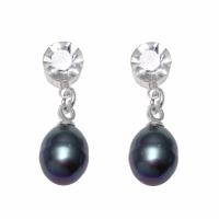 Boucles d'oreilles en perles d'eau douce, perle d'eau douce cultivée, avec strass, laiton puce boucle d'oreille, larme, naturel, noire, 17x28mm, Vendu par paire