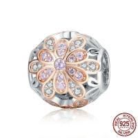 925 Sterling Silver European Beads, 925 argento sterlina, Fiore, placcato, Micro spianare cubic zirconia & senza filo & cavo, 11x11mm, Foro:Appross. 4.5-5mm, Venduto da PC