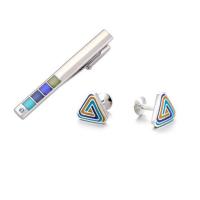 acier inoxydable Tie Clip Cufflink Set, pince à cravate & bouton de manchette, Placage de couleur argentée, pour homme & émail, 56x6mm, 16x16mm, Vendu par paire