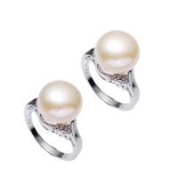 Freshwater Pearl fingerring, Ferskvandsperle, med 925 Sterling Sølv, naturlig, for kvinde & med rhinestone, hvid, 21x31x12.50mm, Størrelse:5, Solgt af PC