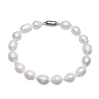 Freshwater Kulturperler Pearl Bracelet, Ferskvandsperle, med Messing, Ris, platin farve forgyldt, for kvinde, hvid, 9-10mm, Solgt Per Ca. 7.5 inch Strand