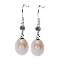 Freshwater Pearl øreringe, Ferskvandsperle, messing ørering krog, Ris, sølvfarvet forgyldt, for kvinde, lyserød, 10-11mm,39mm, Solgt af par