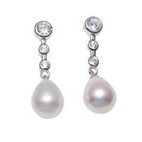 Boucles d'oreilles en perles d'eau douce, perle d'eau douce cultivée, laiton puce boucle d'oreille, larme, naturel, pour femme & avec zircone cubique, blanc, 8-9mm, Vendu par paire