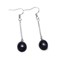 Boucles d'oreilles en perles d'eau douce, perle d'eau douce cultivée, laiton boucle d'oreille crochet, riz, Placage de couleur platine, pour femme, noire, 9-10mm,44mm, Vendu par paire