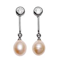 Freshwater Pearl øreringe, Ferskvandsperle, messing ørering indlæg, Teardrop, naturlig, for kvinde & med rhinestone, lyserød, 14.5x30mm, Solgt af par