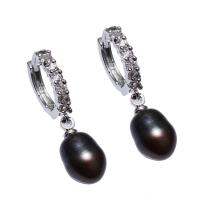 Perlas cultivadas de agua dulce Huggie Pendiente aro de la gota, latón cierre de pendiente de palanca hacia atrás, Patata, para mujer & con diamantes de imitación, Negro, 14x27x8mm, Vendido por Par