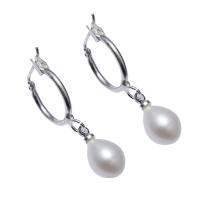 perle d'eau douce cultivée boucle d'oreille leverback, laiton boucle d'oreille dormeuse, riz, naturel, pour femme, blanc, 7-8mm, Vendu par paire