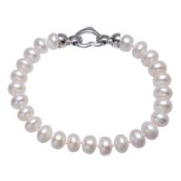 Sötvatten odlade Pearl Bracelet, Freshwater Pearl, mässing Foldover lås, naturlig, för kvinna, vit, 9-10mm, Såld Per Ca 7 inch Strand