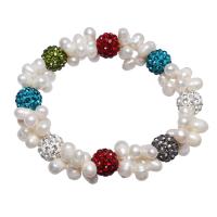 Zoetwater gekweekte parel armband, Zoetwater Parel, met Rhinestone Clay Pave Bead, messing vouwsluiting, natuurlijk, voor vrouw, 6-7mm,12mm, Per verkocht Ca 7.5 inch Strand