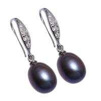 Pendientes de Perlas de Freshwater, Perlas cultivadas de agua dulce, latón aro de pendiente, Patata, para mujer & con diamantes de imitación, azul oscuro, 9-10mm, Vendido por Par