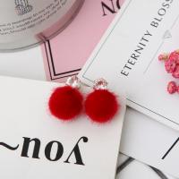 Zinc Alloy Drop Earring with Plush stainless steel post pin plated with fluffy ball & for woman & with rhinestone lead & cadmium free Sold By Pair