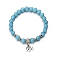 Bracciali alla moda in turchese, lega in zinco, with turchese sintetico, Elefante, placcato argento antico, anti-fatica & per la donna, assenza di piombo & cadmio, 14x17mm, Venduto per Appross. 7.64 pollice filo