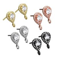 Messing Stud ørering, Teardrop, forgyldt, med loop & med cubic zirconia, flere farver til valg, 7x12.5x14.5mm, 0.8mm, Hole:Ca. 1.5mm, Solgt af par