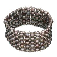 Zoetwater gekweekte parel armband, Zoetwater Parel, met Messing, Donut, silver plated, voor vrouw, zwart, 6x4mm, Per verkocht Ca 7.5 inch Strand