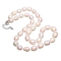 Freshwater Pearl Brass Chain Necklace, Pérolas de água doce, with cobre, with 4cm extender chain, Batata, cromado de cor prateada, com troll & para mulher, branco, 9x11mm, vendido para Aprox 16.5 inchaltura Strand