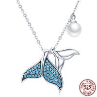 Thaïlande collier en argent sterling, avec Shell Pearl, Queue de sirène, chaîne ovale & pavé de micro zircon & pour femme, 16x17mm, Vendu par Environ 17 pouce brin