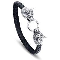 PU Cord Armbånd, med Stainless Steel, Wolf, for mennesket & sværte, sort, 8mm, Solgt Per Ca. 9.2 inch Strand