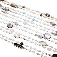 Freshwater Pearl Sweater Chain Necklace with Gemstone & White Shell & Quartz & Brass plated & for woman Sold By Strand