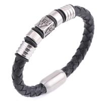 Cuero de PU Pulsera, con acero inoxidable, pulsera trenzada & para hombre, Negro, 9mm, Vendido para aproximado 8.26 Inch Sarta