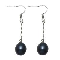 Boucles d'oreilles en perles d'eau douce, perle d'eau douce cultivée, avec laiton, riz, Placage de couleur platine, pour femme, noire, 9-10mmuff0c44mm, Vendu par paire