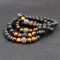 Lava Armband, met Tiger Eye & Messing, plated, uniseks & micro pave zirconia, meer kleuren voor de keuze, 8mm, Lengte Ca 7.5 inch, 10strengen/Lot, Verkocht door Lot