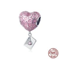 925 Sterling Zilver European Beads, Hart, geplatineerd, micro pave zirconia & zonder troll & glazuur, roze, 12x21mm, Gat:Ca 4.5-5mm, Verkocht door PC