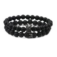 Black Stone Par armbånd, med Elastiktråd & Lava & Messing, Crown, forgyldt, Unisex & Micro Pave cubic zirconia, flere farver til valg, 8mm, Længde Ca. 7.1-7.8 inch, 2Strands/sæt, Solgt af sæt