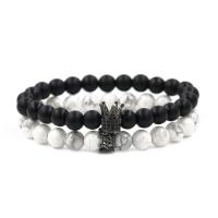 Black Stone Par armbånd, med Elastiktråd & Natural White Turquoise & Messing, Crown, forgyldt, Unisex & Micro Pave cubic zirconia, flere farver til valg, 8mm, Længde Ca. 7.1-7.8 inch, 2Strands/sæt, Solgt af sæt