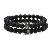 Black Stone Par armbånd, med Elastiktråd & Messing, Crown, forgyldt, Unisex & Micro Pave cubic zirconia, flere farver til valg, 8mm, Længde Ca. 7.1-7.8 inch, 2Strands/sæt, Solgt af sæt