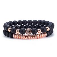 pierre noire Bracelet de couples, avec fil élastique & laiton, Placage, unisexe & pavé de micro zircon, plus de couleurs à choisir, 8mm, Longueur Environ 7.5 pouce, 2Strandstoron/fixé, Vendu par fixé