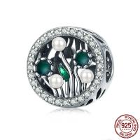 Perles en argent massif de Bali, Thaïlande, avec Shell Pearl, fleur, pavé de micro zircon & sans filetage & émail, 12x12mm, Trou:Environ 4.5-5mm, Vendu par PC