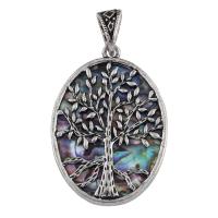 Pendentifs en alliage de zinc, avec document de coquille d'ormeau, arbre, Plaqué de couleur d'argent, protéger l'environnement, sans nickel, plomb et cadmium, 32x47x3mm, Trou:Environ 5x10mm, 10PC/sac, Vendu par sac