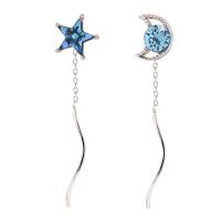 laiton Boucles d'oreilles asymétriques, Lune et Etoile, Placage de couleur argentée, pour femme & avec strass, protéger l'environnement, sans nickel, plomb et cadmium, 40mm, Vendu par paire