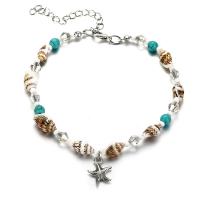 Sinc Alloy Anklet, le Turquoise sintéiseach & Bán Shell & Aicrileach, le 2.4inch slabhra extender, Starfish, dath airgid antique plátáilte, inchoigeartaithe & do bhean, nicil, luaidhe & caidmiam saor in aisce, Díolta Per Thart 10 Inse Snáithe