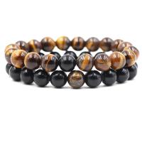 Tiger Eye Armbånd, med obsidian, Runde, forskellige materialer til valg & for mennesket, 10mm, Solgt Per Ca. 7.8 inch Strand