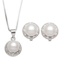 Natural Gekweekte Zoetwater Parel Sieraden Sets, oorbel & halsketting, met Messing, Koepel, natuurlijk, box ketting, wit, 9mm, Lengte Ca 18 inch, Verkocht door Stel