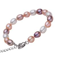 Sötvatten odlade Pearl Bracelet, Freshwater Pearl, mässing Karbinlås, med 4.5cm extender kedja, Ris, naturlig, flerfärgad, 7-8mm, Såld Per Ca 6.5 inch Strand