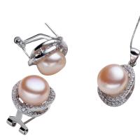 Naturliga Odlade Sötvatten Pearl Jewelry Sets, örhänge & halsband, Freshwater Pearl, med Mässing, Knapp, box kedja & micro bana cubic zirconia, rosa, 9-10mm, Hål:Ca 2-7mm, Längd Ca 17.5 inch, Säljs av Ställ