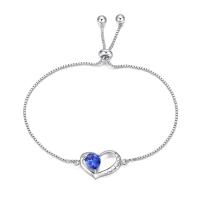 metal Pulsera, Corazón, chapado en platina real, ajustable & cadena de caja & para mujer & con circonia cúbica, azul, libre de níquel, plomo & cadmio, 25mm, Vendido para aproximado 10.4 Inch Sarta