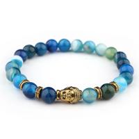 Agate smykker armbånd, blonde agat, med Zinc Alloy, Buddha, guldfarve belagt, Unisex, blå, 8mm, Solgt Per Ca. 7.5 inch Strand