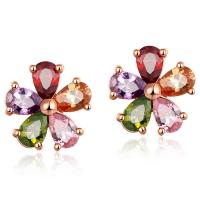 Cubic Zircon ( CZ ) Stud Earring, Cubic Zirconia, med Zink Alloy, zinklegering örhänge inlägg, Blomma, guldfärg pläterade, för kvinna, flerfärgad, 10mmx10mm, Säljs av Par