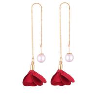 Zinc Alloy Thread Through Earrings with Cloth & Plastic Pearl Flower gold color plated for woman nickel lead & cadmium free 135mm Sold By Pair