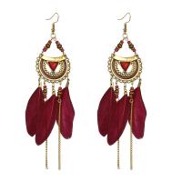 Zinc Alloy Tassel Earring, med Seedbead & Feather, antik guld farve forgyldt, for kvinde, flere farver til valg, nikkel, bly & cadmium fri, 110*30mm, Solgt af par